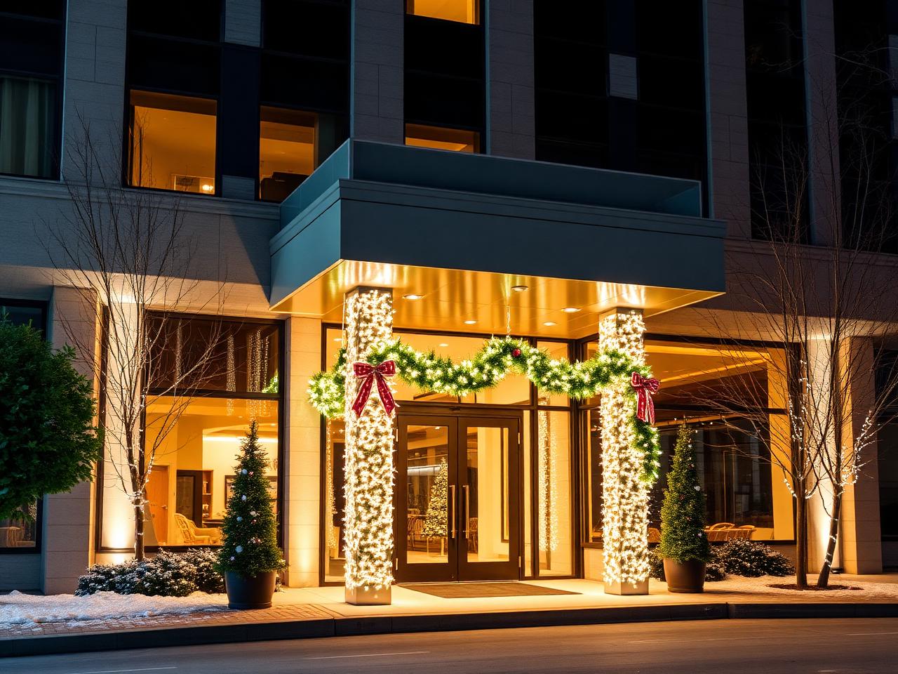 Commercial building entrance with holiday lighting and garland