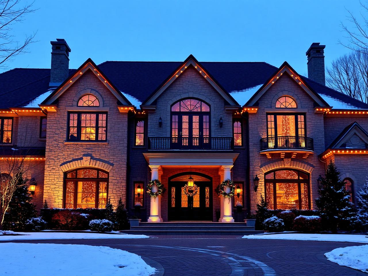 Large stone estate with elegant holiday lighting