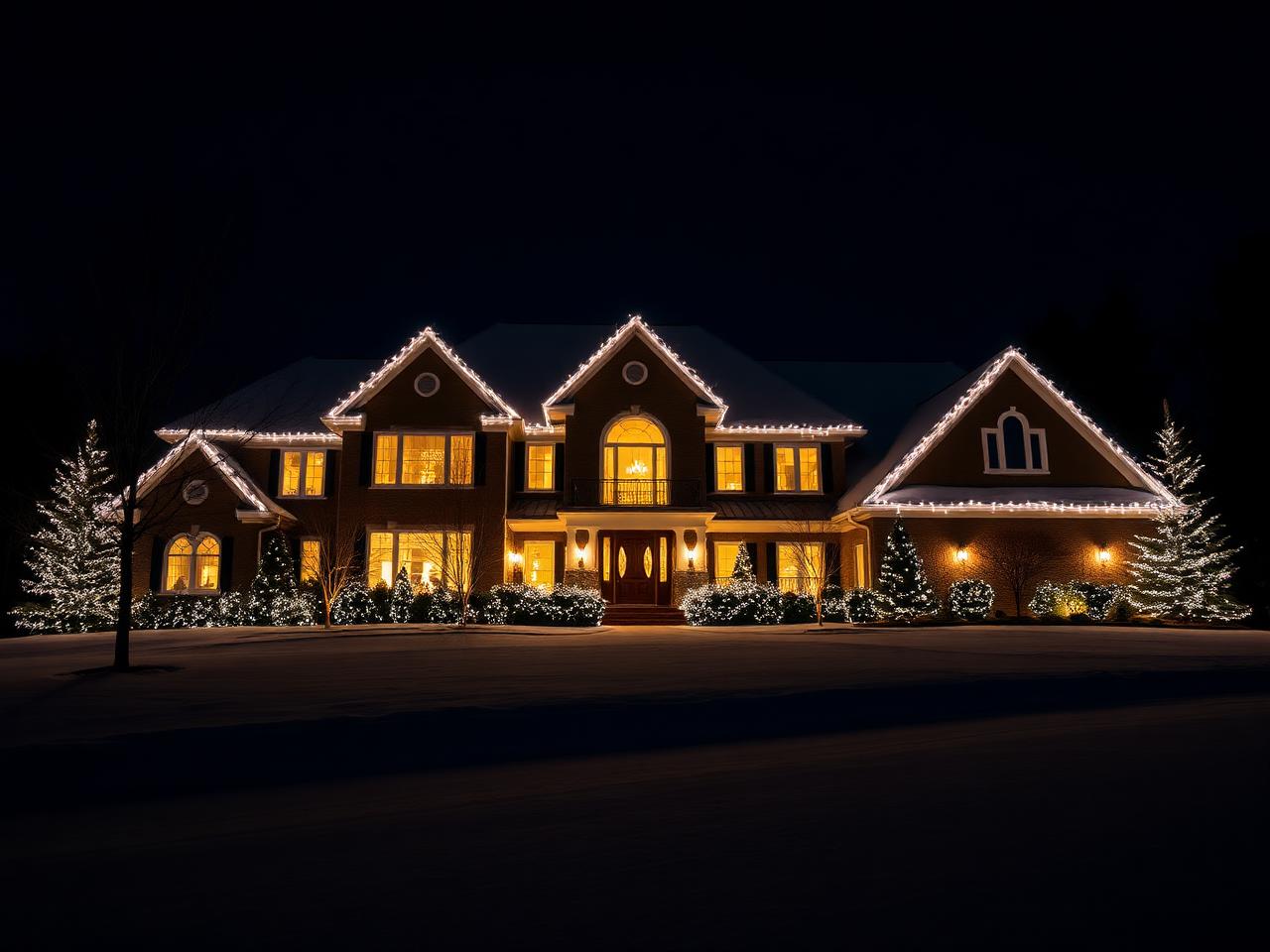 Home fully lit with Christmas lights reflected on snow at night