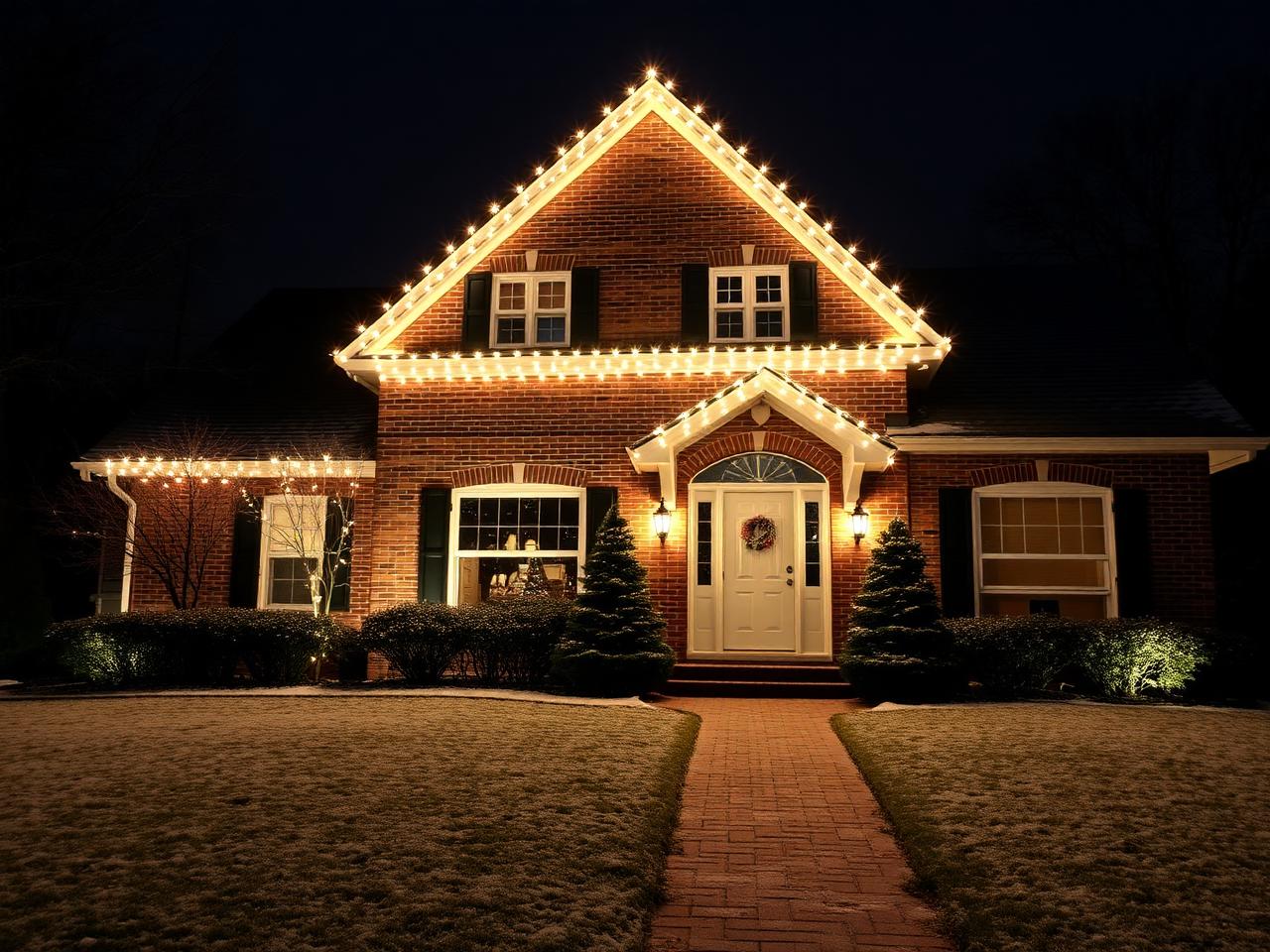 Traditional brick home with roofline Christmas lights